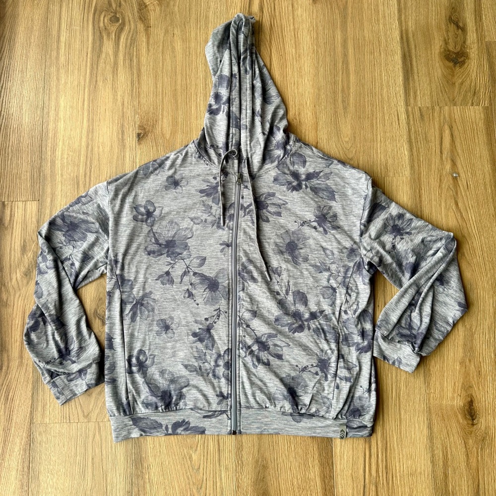 Free Country Womens Gray Floral Full Zip Hoodie Lightweight Active Jacket Large